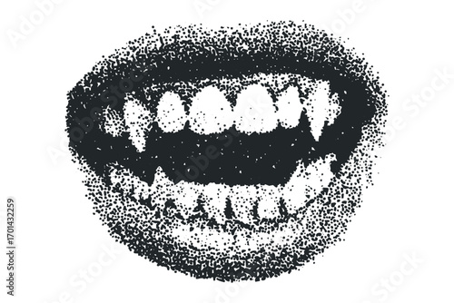 Open mouth with sharp teeth and dotted texture. Vector hand drawn illustration