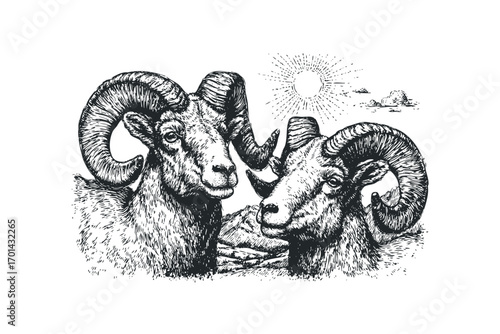 Two ram heads on transparent with mountain landscape and sun. Vector hand drawn illustration