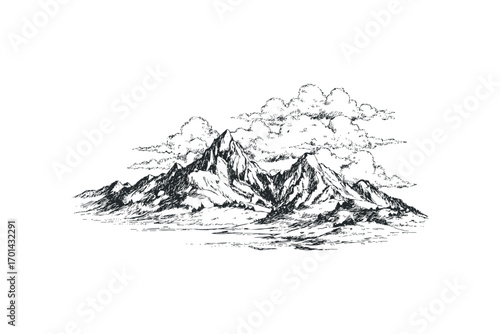Hand drawn mountain range with clouds in sketch style. Vector hand drawn illustration