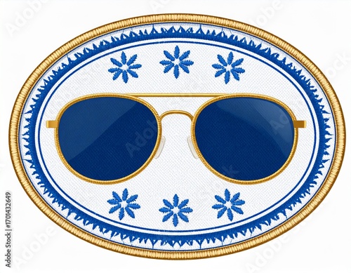 Oval Medallion with Blue Accents Featuring Gold Framed Aviator Sunglasses and Stylized Floral Ornaments