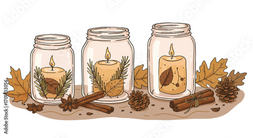 Vector Illustration of Autumn Candle Decor with Fall Leaves, Pinecones, and Cinnamon Sticks