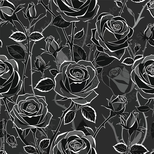 Black and white floral rose seamless pattern design with thorns and leaves illustration, patern seamless, Stock royalty image.