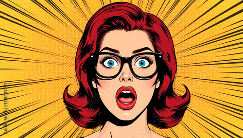 Surprised Woman in Pop Art Style with Glasses and Red Hair on Comic Background
