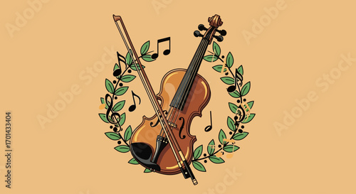 Elegant violin and bow nestled within a laurel wreath, adorned with musical notes.