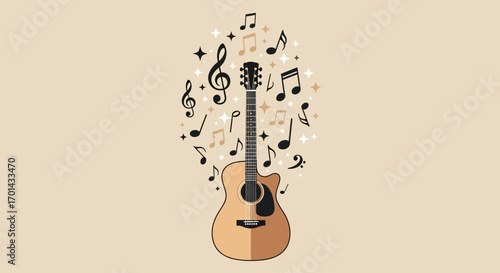 Acoustic guitar surrounded by musical notes and stars, minimalist design.