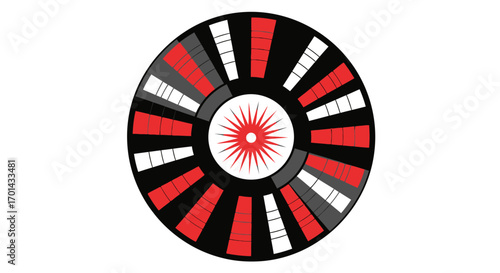 Abstract circular design with red, black, and white segments radiating from a central sunburst.