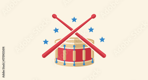 A patriotic red and white snare drum with crossed red drumsticks and blue stars.