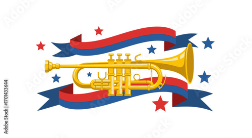 A shiny golden trumpet is wrapped in patriotic red and blue ribbons and surrounded by stars, creating a celebratory musical emblem.