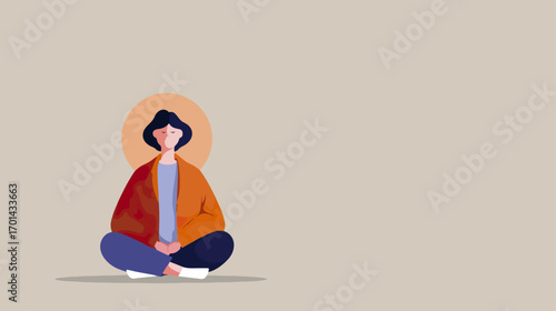 Meditating person illustration with beige background and copy space