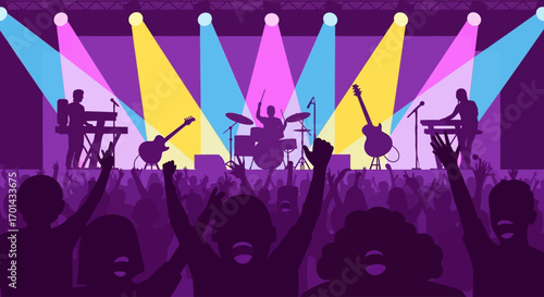 A silhouette of a band performing on stage with colorful lights at a live music concert in front of an energetic crowd.
