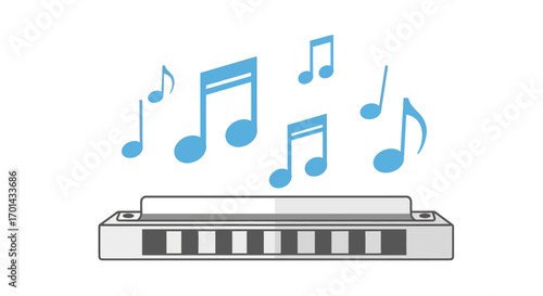 A silver harmonica with blue musical notes floating above it, symbolizing the creation of music.