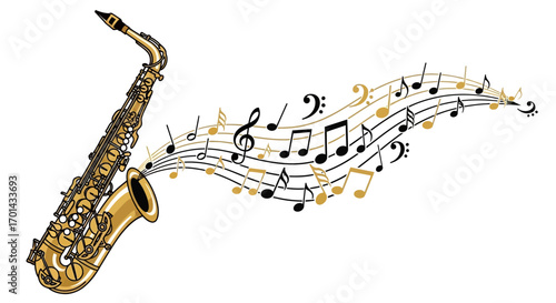 A golden saxophone elegantly plays a flowing stream of musical notes and treble clefs, evoking a sense of melody and rhythm.
