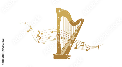 A golden harp with flowing musical notes and stars, symbolizing elegant melody and celestial harmony.