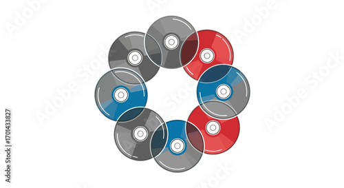 A circular arrangement of eight digital discs, some red and some blue, overlapping and forming a cohesive pattern against a white background.