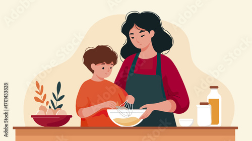 Mother and child baking together