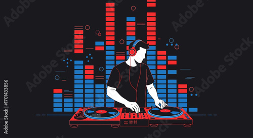 A DJ wearing headphones, skillfully mixing music on turntables with a vibrant equalizer display in the background.