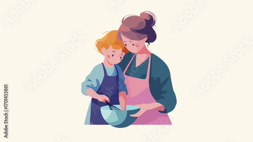 Mother and child cooking together