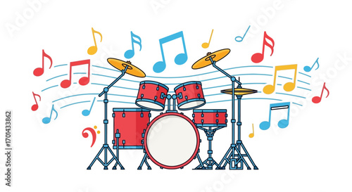 A vibrant illustration of a red drum set surrounded by colorful musical notes and staves, symbolizing rhythm and sound.