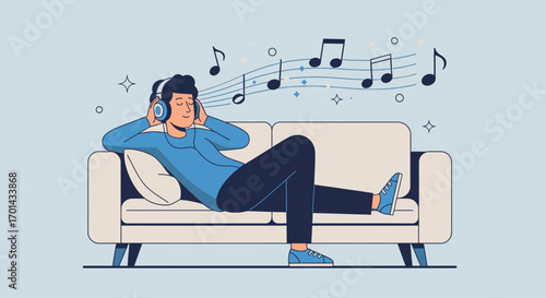 An illustration of a relaxed man listening to music with headphones while comfortably resting on a sofa.