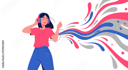 Woman listening to music, enjoying vibrant sound waves.