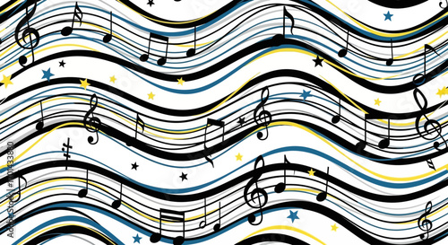 Wavy musical notes pattern with stars, elegant design for music lovers.