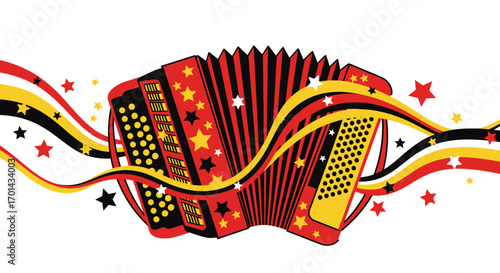 A stylized illustration of a red accordion with decorative ribbons and stars, isolated on white.