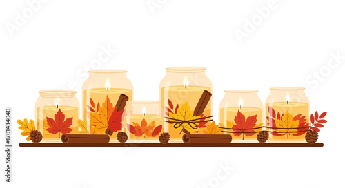 Vector Illustration of Autumn Candle Decor with Fall Leaves, Pinecones, and Cinnamon Sticks