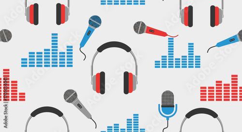 Repeating pattern of headphones, microphones, and sound wave visualizations against a white background.