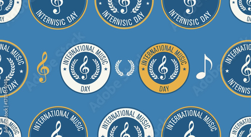 A repeating pattern of musical symbols and celebratory seals, celebrating International Music Day.