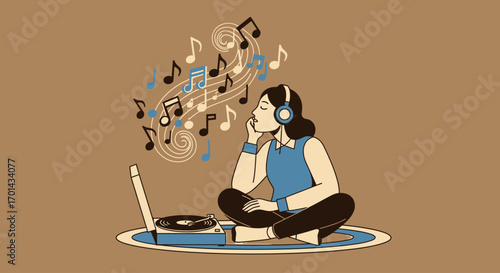 A woman sits listening to music with headphones, surrounded by musical notes emanating from her head.
