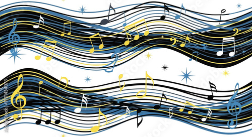 Abstract musical background with flowing black, blue and yellow lines, scattered musical notes and star shapes.