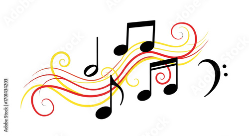 Musical notes float amidst swirling red and yellow lines, creating a vibrant and artistic representation of music.
