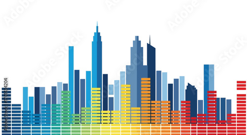 Colorful cityscape illustration with tall buildings and a vibrant spectrum of bars resembling an equalizer.