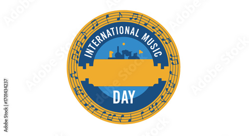 Graphic design for International Music Day featuring musical notes, city skyline, and stylized text in blue and gold colors.