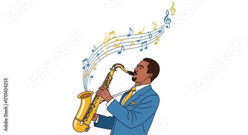 A stylized illustration of a man playing a saxophone, musical notes swirling around him.