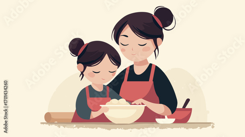 Mother and daughter cooking together