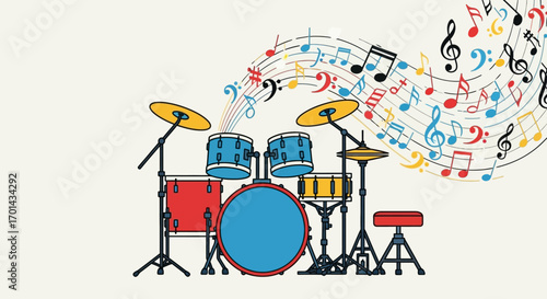 Colorful drum set illustration with musical notes, representing the joy of drumming.