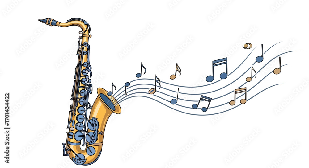 A gold alto saxophone plays a flowing melody, musical notes stream from its bell.