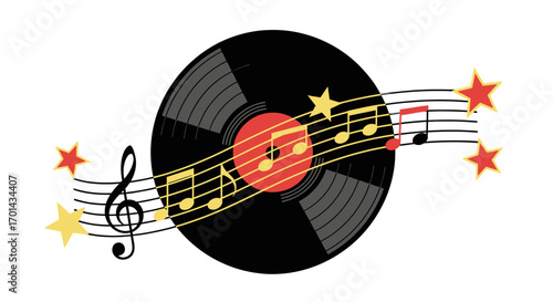 Vintage vinyl record with musical notes and stars, representing classic music.