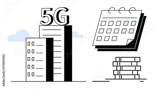 Modern building labeled 5G, calendar with marked dates, and data stacks. Ideal for technology, telecommunications, scheduling, data management, digital infrastructure, time planning connectivity