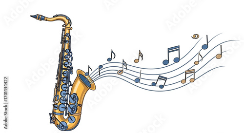 A gold alto saxophone plays a flowing melody, musical notes stream from its bell.