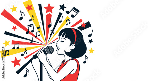 Girl singing into microphone, vibrant musical burst, joyful performance.
