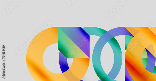 Abstract colorful overlapping circles create dynamic visual composition. Gradient hues blend, forming modern design element.