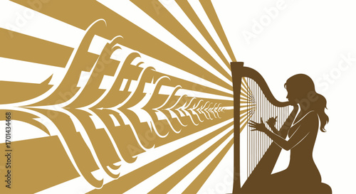 Woman kneeling, playing a harp, surrounded by stylized golden rays.
