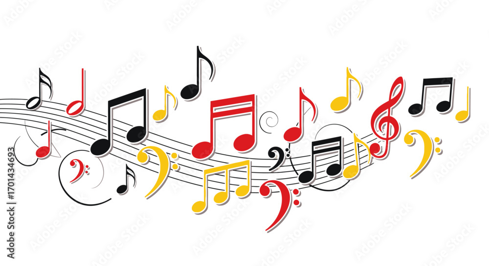 Obraz premium A flowing musical staff with black, red, and yellow notes and clefs on a white background.