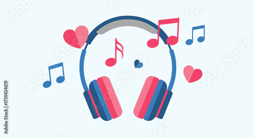 Headphones, music notes, and hearts symbolize love for music.