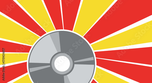 An illustration of a silver compact disc against a dynamic background of radiating red and yellow sunbeams.