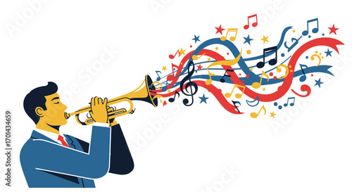 A man in a suit plays a trumpet, releasing a vibrant stream of colorful musical notes and stars.