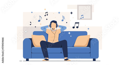A relaxed young man sits on a blue couch, listening to music on his headphones with musical notes floating around him.