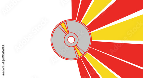 A graphic illustration of a compact disc with red and yellow sunburst rays radiating from the center against a white background.